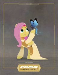 Size: 2552x3300 | Tagged: safe, artist:prixy05, derpibooru import, fluttershy, butterfly, pegasus, pony, g4, carrier butterfly, female, gray background, jedi, lightsaber, lineless, mare, simple background, solo, star wars, star wars: the high republic, weapon