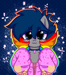 Size: 1150x1318 | Tagged: safe, artist:nyansockz, derpibooru import, oc, oc only, oc:poptart, earth pony, abstract background, checkered background, choker, clothes, earth pony oc, front view, gradient background, nyan cat, oversized clothes, solo