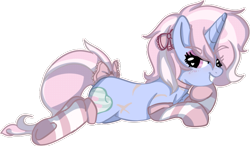 Size: 863x504 | Tagged: safe, artist:nyansockz, derpibooru import, oc, oc only, oc:sweet tooth, unicorn, clothes, heart, heart eyes, horn, looking at you, lying down, simple background, smug, socks, striped socks, transparent background, unicorn oc, wingding eyes