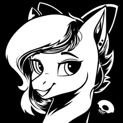 Size: 1800x1800 | Tagged: safe, artist:poxy_boxy, derpibooru import, oc, oc only, pony, black and white, bow, ear piercing, earring, grayscale, hair bow, jewelry, monochrome, piercing, signature, smiling, solo, vector