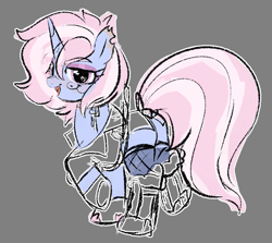 Size: 1000x890 | Tagged: safe, artist:nyansockz, derpibooru import, oc, oc only, oc:sweet tooth, pony, unicorn, fallout equestria, armor, ashes town, butt, clothes, colored sketch, doodle, fallout equestria oc, fishnet stockings, gray background, heart, heart eyes, looking at you, looking back, looking back at you, plot, simple background, sketch, solo, wingding eyes