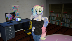 Size: 2560x1440 | Tagged: safe, artist:tbsfm27, derpibooru import, oc, oc only, oc:blazey sketch, anthro, pegasus, 3d, bookshelf, clothes, computer, denim, jeans, pants, room, solo, source filmmaker, sweater