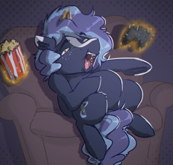 Size: 2244x2144 | Tagged: safe, artist:witchtaunter, derpibooru import, oc, oc:witching hour, pony, unicorn, chair, controller, faic, fat, food, laughing, magic, male, popcorn, sitting, sofa, stallion