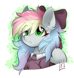 Size: 4393x4614 | Tagged: safe, artist:lunylin, derpibooru import, oc, oc only, oc:blazey sketch, pegasus, pony, absurd resolution, bow, bust, clothes, female, green eyes, hair bow, mare, multicolored hair, pegasus oc, portrait, simple background, solo, sweater