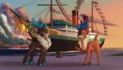 Size: 2800x1600 | Tagged: safe, artist:redahfuhrerking, derpibooru import, deer, reindeer, them's fightin' herds, boat, community related, donner (tfh), mountain, pier, prancer (tfh), sunrise, water