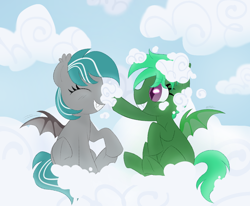 Size: 1206x996 | Tagged: safe, artist:sparjechkaa, derpibooru import, oc, oc only, oc:malachite cluster, oc:poni, bat pony, pony, bat pony oc, boop, cloud, commission, duo, on a cloud, smiling, spread wings, wings, ych result