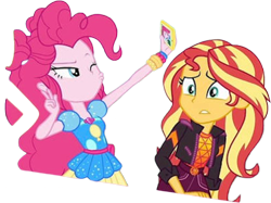 Size: 3369x2520 | Tagged: safe, derpibooru import, edit, edited screencap, editor:homersimpson1983, screencap, pinkie pie, sunset shimmer, human, equestria girls, g4, background removed, duo, female, not a vector, simple background, transparent background