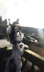 Size: 1242x2010 | Tagged: safe, artist:blankedsoul, derpibooru import, oc, oc:inky noire, earth pony, balcony, beautiful, bipedal, black mane, looking away, real life background, solo, white coat