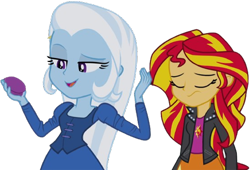 Size: 3716x2520 | Tagged: safe, derpibooru import, edit, edited screencap, editor:homersimpson1983, screencap, sunset shimmer, trixie, human, equestria girls, g4, rainbow rocks, background removed, clothes, duo, female, jacket, not a vector, shirt, simple background, skirt, transparent background