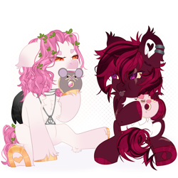 Size: 2500x2500 | Tagged: safe, artist:medkit, derpibooru import, oc, oc only, oc:bat puff, oc:yustas, bat, bat pony, mouse, pegasus, pig, pony, accessory, adam's apple, angry, bat pony oc, bat wings, birthmark, biting, chest fluff, chibi, chocolate, claws, coat markings, colored belly, colored ear fluff, colored eartips, colored eyebrows, colored eyelashes, colored hooves, colored lineart, colored muzzle, colored pupils, colored sclera, colored teeth, colored wings, commission, cute, donut, dun, duo, ear cleavage, ear fluff, ear piercing, earring, ears, ears back, ears up, eye clipping through hair, eye scar, eyebrows, eyebrows visible through hair, eyeshadow, facial markings, facial scar, fangs, feathered wings, femboy, folded wings, food, full body, glaze, gold hooves, golden, gradient hooves, gradient wings, hairstyle, heart shaped, hoof hold, hoof scar, hooves, horseshoes, jewelry, leaves, leaves in hair, leg fluff, leg scar, lidded eyes, lightly watermarked, lines, long mane, long mane male, long tail, looking at someone, makeup, male, membranous wings, multicolored coat, multicolored eyes, open mouth, orange eyes, paint tool sai 2, pegasus oc, pendant, piercing, pink, pink eyeshadow, pink mane, pink tail, raised hoof, raised leg, red coat, red mane, red tail, scar, short mane, shoulder fluff, signature, silver, simple background, sitting, slit eyes, smiling, spots, stallion, sternocleidomastoid, striped mane, striped tail, tail, tassels, teeth, tongue, tongue out, tongue piercing, two toned mane, two toned tail, two toned wings, unshorn fetlocks, wall of tags, watermark, white background, wing fluff, wings, yellow sclera