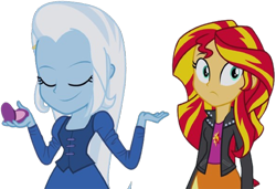 Size: 3687x2520 | Tagged: safe, derpibooru import, edit, edited screencap, editor:homersimpson1983, screencap, sunset shimmer, trixie, human, equestria girls, g4, rainbow rocks, background removed, clothes, duo, female, jacket, not a vector, shirt, simple background, skirt, transparent background