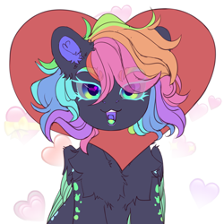 Size: 2500x2500 | Tagged: safe, artist:medkit, derpibooru import, oc, oc only, oc:abbigail (madness of the night), original species, pegasus, pony, :3, accessory, chest fluff, coat markings, colored ear fluff, colored ears, colored eyebrows, colored eyelashes, colored lineart, colored pupils, colored tongue, colored wings, dark coat, dark sclera, ear fluff, ears, eye clipping through hair, eyelashes, feathered wings, female, floppy ears, folded wings, front view, glowing, glowing eyes, gradient iris, half body, heart, heart eyes, heart shaped, high res, holiday, lipstick, looking at you, makeup, mare, multicolored mane, neon, neon feather, neon mane, neon rainbow, neon wings, open mouth, paint tool sai 2, partially open wing, pegasus oc, rainbow, short mane, shoulder fluff, sitting, sketch, solo, spots, three quarter view, valentine's day, wall of tags, wing fluff, wingding eyes, wings