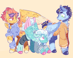 Size: 1070x850 | Tagged: safe, artist:tottallytoby, derpibooru import, fleetfoot, soarin', spitfire, pegasus, pony, g4, :3, alternate design, blushing, chest fluff, clothes, coat markings, colored ears, colored hooves, colored wings, colored wingtips, ear fluff, ears, female, fetlock tuft, folded wings, jacket, leaning, leaning forward, leg wraps, lidded eyes, looking at someone, looking down, looking up, male, mare, multicolored mane, orange background, raised hoof, raised leg, redesign, simple background, smiling, spread wings, stallion, standing, sunglasses, tracksuit, trio, wings, wonderbolts