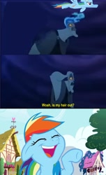 Size: 1488x2448 | Tagged: safe, derpibooru import, edit, edited screencap, screencap, rainbow dash, pegasus, pony, friendship is magic, g4, season 1, comic, cute, dashabetes, disney, female, fire, flying, hades, hair, hercules, karma, laughing, male, rainbow dash is best facemaker, retribution, screencap comic