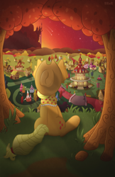 Size: 4400x6800 | Tagged: safe, alternate version, artist:sol-r, derpibooru import, applejack, pony, g4, the last problem, absurd resolution, canterlot, clothes, end of ponies, facing away, female, granny smith's shawl, older, older applejack, ponyville, ponyville town hall, rear view, scarf, sitting, solo, tree, windmill