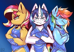 Size: 2048x1444 | Tagged: safe, artist:cozziesart, rainbow dash, shining armor, sunset shimmer, pony