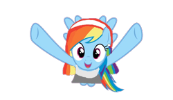 Size: 658x379 | Tagged: safe, derpibooru import, screencap, rainbow dash, pony, g4, clothes, ear piercing, earring, flying, happy, headband, jewelry, open mouth, piercing, shirt, skirt, solo