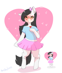 Size: 1700x2000 | Tagged: safe, artist:ampbatross, derpibooru import, oc, oc only, earth pony, semi-anthro, bow, clothes, glasses, hair bow, heart, heart background, looking at you, redraw, shirt, signature, skirt, smiling, socks, solo, tail