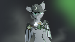 Size: 1916x1070 | Tagged: safe, artist:hovawant, derpibooru import, oc, oc only, oc:hovawant, bat pony, pony, 3d, chest fluff, ear fluff, ear tufts, ears, gmod, gray background, gun, simple background, solo, toolgun, weapon