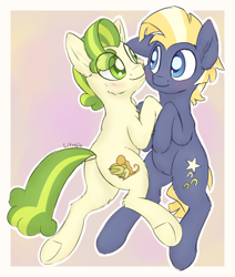 Size: 1110x1312 | Tagged: safe, artist:litrojia, derpibooru import, pistachio, star tracker, earth pony, pony, g4, blushing, butt, colored sketch, cuddling, cute, duo, duo male, ear fluff, ears, eye clipping through hair, gay, looking at each other, looking at someone, male, plot, shipping, sketch, smiling, smiling at each other, stallion