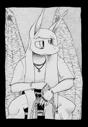 Size: 890x1280 | Tagged: safe, artist:darkhestur, derpibooru import, oc, oc only, oc:dark, anthro, bat pony, anthro oc, bat pony oc, bracelet, clothes, ink, jewelry, male, monochrome, noose, pants, ring, rope, shirt, sitting, solo, stool, t-shirt, traditional art