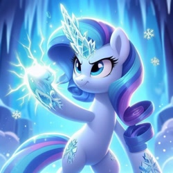 Size: 1024x1024 | Tagged: safe, ai content, derpibooru import, generator:dall-e 3, machine learning generated, rarity, pony, unicorn, g4, female, hand, hind legs, ice, mare, prompter needed, solo