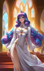 Size: 2560x4096 | Tagged: safe, ai content, derpibooru import, editor:sammykun, generator:pony diffusion v6 xl, generator:purplesmart.ai, generator:stable diffusion, machine learning generated, princess flurry heart, human, g4, breasts, busty princess flurry heart, castle, clothes, crown, dress, female, gem, gold, high res, humanized, jewelry, long hair, long sleeves, looking at you, older, older flurry heart, prompter:sammykun, regalia, solo, standing, thighs