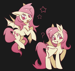 Size: 1280x1219 | Tagged: safe, artist:luckdevil, derpibooru import, fluttershy, bat pony, pegasus, pony, g4, bat ponified, black background, blood, blushing, cutie mark, ear fluff, ears, fangs, female, flutterbat, flying, folded wings, gradient mane, gradient tail, hooves in air, looking at you, mare, question mark, race swap, raised hoof, raised leg, simple background, smiling, smiling at you, spread wings, standing, tail, wingding eyes, wings
