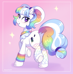 Size: 2377x2392 | Tagged: safe, artist:skysorbett, derpibooru import, oc, oc only, oc:top coat, earth pony, pony, accessory, butt, earth pony oc, female, looking at you, mare, multicolored hair, plot, rainbow hair, simple background, smiling, smiling at you, solo, underhoof