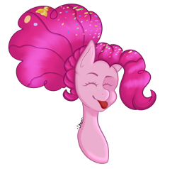 Size: 2224x2121 | Tagged: safe, artist:shqnnyhere, derpibooru import, pinkie pie, earth pony, pony, g4, :p, bust, confetti, eyes closed, female, mare, older, older pinkie pie, simple background, smiling, solo, tongue, tongue out, transparent background