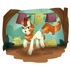 Size: 3000x3000 | Tagged: safe, artist:aasuri-art, derpibooru import, autumn blaze, kirin, g4, sounds of silence, awwtumn blaze, cloven hooves, cute, dancing, forest, forest background, glowing, glowing eyes, glowing mane, golden eyes, high res, light skin, nature, solo, tree