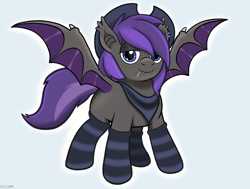 Size: 3300x2500 | Tagged: safe, artist:alcosaurus, derpibooru import, oc, oc only, bat pony, pony, bandana, cigarette, clothes, cowboy hat, ear piercing, hat, high res, piercing, simple background, smiling, socks, solo, spread wings, striped socks, white background, wings