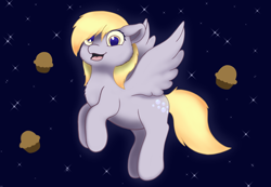 Size: 6500x4500 | Tagged: safe, artist:alcosaurus, derpibooru import, derpy hooves, pegasus, pony, g4, absurd resolution, cute, female, food, hair over one eye, mare, muffin, open mouth, open smile, smiling, solo, space, spread wings, wings