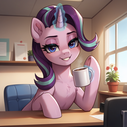 Size: 2048x2048 | Tagged: safe, ai content, derpibooru import, generator:stable diffusion, machine learning generated, starlight glimmer, pony, unicorn, g4, bedroom eyes, blush lines, blushing, chair, chest fluff, chocolate, collarbone, desk, ear fluff, ears, eyelashes, female, flower, flower pot, food, generator:confetticomrademix, glowing, glowing horn, high res, hooves on the table, horn, hot chocolate, indoors, leaning, leaning on table, levitation, lips, looking at you, magic, magic aura, mare, mug, office, office chair, paper, plant, potted plant, prompter:tyto4tme4l, smiling, smiling at you, solo, steam, table, teeth, telekinesis, underhoof, window