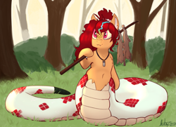 Size: 1493x1080 | Tagged: safe, artist:sondy, derpibooru import, oc, oc only, oc:anya heartsqueeze, lamia, original species, rabbit, snake, snake pony, animal, belly button, corpse, fangs, female, forest, hair tie, hunting, jewelry, nature, necklace, outdoors, red eyes, red mane, solo, spear, tree, weapon