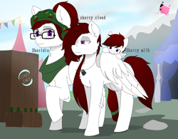 Size: 2960x2304 | Tagged: safe, artist:mairiathus, derpibooru import, oc, oc:sherry cloud, pegasus, pony, child, dog tags, family, female, light skin, mother and child, mother and daughter, parent and child, purple eyes, red hair, siblings, sisters, trio, wings