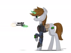 Size: 2160x1620 | Tagged: safe, artist:migesanwu, derpibooru import, oc, oc only, oc:littlepip, pony, unicorn, fallout equestria, armor, bag, blood, clothes, female, glowing, glowing horn, gun, handgun, horn, little macintosh, magic, pipbuck, raised hoof, raised leg, revolver, saddle bag, side view, simple background, solo, telekinesis, weapon, white background