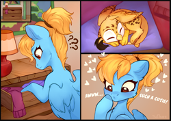 Size: 4093x2894 | Tagged: safe, artist:sofiko-ko, derpibooru exclusive, derpibooru import, oc, oc only, oc:beaky, oc:brave blossom, griffon, pegasus, pony, fanfic:yellow feathers, behaving like a cat, clothes, comic, cute, dresser, duo, female, floating heart, griffon oc, heart, high res, lamp, male, map, mother and child, mother and son, parent and child, pegasus oc, question mark, sleeping