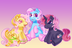 Size: 3700x2500 | Tagged: safe, alternate version, artist:leopardsnaps, derpibooru import, oc, oc only, oc:bright hope, oc:crystal nightshine, oc:golden rose, earth pony, pony, unicorn, g3, alternate cutie mark, blaze (coat marking), coat markings, colored hooves, cutie mark, facial markings, gradient background, gradient legs, heart, heart eyes, horn, large cutie mark, looking at each other, looking at someone, male, multicolored eyes, open mouth, open smile, raised hoof, raised leg, sitting, smiling, socks (coat marking), solo, sparkly eyes, stallion, style emulation, trio, unicorn oc, wingding eyes