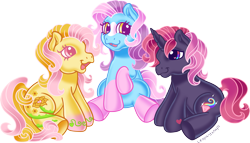 Size: 3557x2040 | Tagged: safe, alternate version, artist:leopardsnaps, derpibooru import, oc, oc only, oc:bright hope, oc:crystal nightshine, oc:golden rose, earth pony, pony, unicorn, g3, alternate cutie mark, blaze (coat marking), coat markings, colored hooves, cutie mark, facial markings, gradient hooves, heart, heart eyes, horn, large cutie mark, looking at each other, looking at someone, male, multicolored eyes, open mouth, open smile, raised hoof, raised leg, simple background, sitting, smiling, socks (coat marking), solo, sparkly eyes, stallion, style emulation, transparent background, trio, unicorn oc, wingding eyes