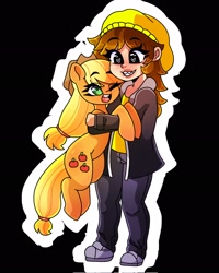 Size: 1638x2048 | Tagged: source needed, safe, artist:dub_doodles, derpibooru import, applejack, oc, earth pony, human, pony, cute, duo, duo female, female, grin, heart, heart eyes, holding a pony, jackabetes, oc name needed, one eye closed, open mouth, open smile, smiling, wingding eyes