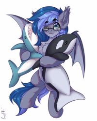 Size: 2400x3000 | Tagged: source needed, safe, artist:falafeljake, derpibooru import, oc, oc only, oc:midnight snowstorm, bat pony, shark, blåhaj, chest fluff, commission, cuddling, cute, cute little fangs, fangs, glasses, looking at you, male, one eye closed, plushie, shark plushie, simple background, smiling, smiling at you, solo, stallion, white background, wink