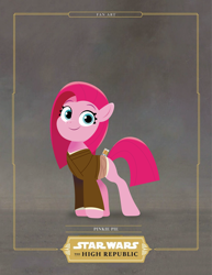 Size: 2552x3300 | Tagged: safe, artist:prixy05, derpibooru import, pinkie pie, earth pony, pony, g4, female, gray background, jedi, lightsaber, lineless, mare, simple background, solo, star wars, star wars: the high republic, weapon