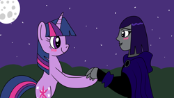 Size: 1920x1080 | Tagged: safe, artist:platinumdrop, derpibooru import, twilight sparkle, unicorn twilight, unicorn, g4, blushing, crossover, crossover shipping, dc comics, looking at each other, looking at someone, night, raven (dc comics), request, shipping