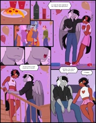 Size: 1668x2124 | Tagged: safe, artist:shallowwin, derpibooru import, oc, oc only, oc:benjamin terrance tover, oc:sound shock, anthro, earth pony, pegasus, anthro oc, bedroom, clothes, comic, commission, crossdressing, cute, dialogue, gay, house, male, oc x oc, party, romance, romantic, shipping, skirt, spread wings, wings