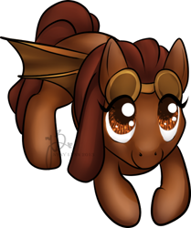 Size: 452x540 | Tagged: safe, artist:nyny, derpibooru import, oc, oc only, oc:ramona_cogwright, earth pony, artificial wings, augmented, brown eyes, brown fur, brown hair, chibi, dreadlocks, female, goggles, goggles on head, looking at you, mechanical wing, simple background, smiling, smiling at you, solo, steampunk, white background, wings
