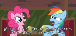 Size: 4000x1880 | Tagged: safe, artist:kaitykat117, derpibooru import, pinkie pie, rainbow dash, g4, angry, apple cider, base used, booth, cider, family guy, hooves out, meme, open mouth, ponified, ponified meme, smiling, vector, vulgar, yelling