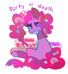 Size: 851x931 | Tagged: safe, artist:cutesykill, derpibooru import, pinkie pie, earth pony, pony, g4, beanbrows, blue teeth, cake, candy, candy in hair, colored teeth, donut, eyebrows, fangs, female, food, hair accessory, lollipop, looking at you, looking back, looking back at you, mare, pastries, simple background, sitting, solo, text, white background, wingding eyes