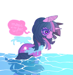 Size: 876x892 | Tagged: safe, artist:cutesykill, derpibooru import, twilight sparkle, unicorn twilight, pony, unicorn, g4, colored eyelashes, dialogue, female, mare, no mouth, ocean, partially submerged, purple eyelashes, simple background, solo, speech bubble, standing in water, talking, text, water, water wings, white background, wingding eyes