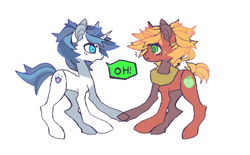 Size: 1112x690 | Tagged: safe, artist:cutesykill, derpibooru import, big macintosh, shining armor, earth pony, pony, unicorn, g4, alternate hairstyle, beanbrows, blushing, cutie mark, duo, duo male, ear piercing, eyebrows, freckles, frown, gay, infidelity, looking at each other, looking at someone, male, multicolored mane, multicolored tail, open mouth, piercing, ship:shiningmac, shipping, short tail, simple background, speech bubble, stallion, surprised, tail, talking, text, white background, wingding eyes